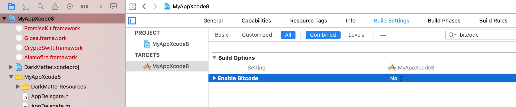 Disable bitcode in the app Project